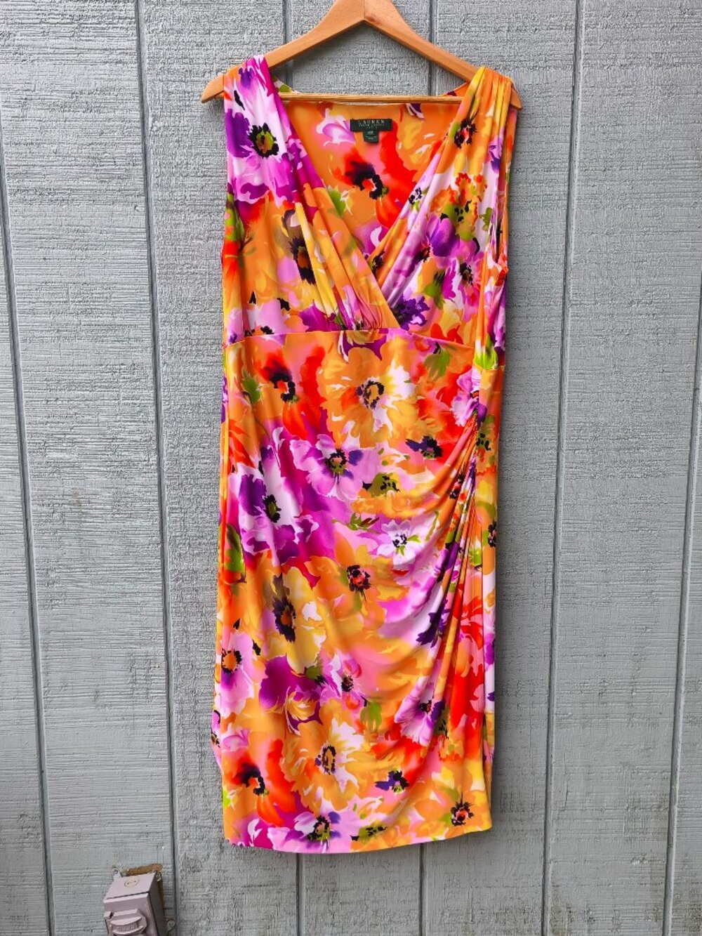 Lauren Ralph Lauren Tropical Floral Stretch Ruched Sheath Dress sz 20W Orange